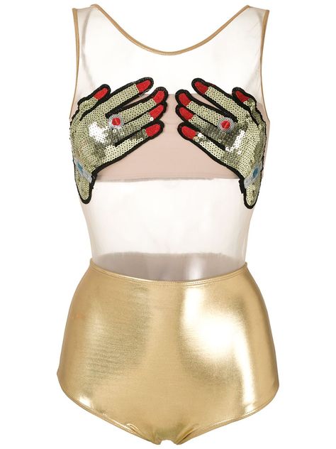 Gold-tone Mão carnaval bodysuit from Brigitte featuring a round neck, a sleeveless design, a button fastening, a sheer construction, sequin embroidery, a slim fit, a metallic panel and an optional nude lining. Body Transparente, Body Carnaval, Sequin Embellishment, Swimsuit Design, Sequins Embroidery, Burning Man, Winter Fashion Outfits, Thom Browne, Festival Outfits