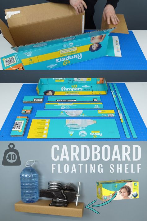 I made a cardboard floating shelf out of a single diapers box. This easy cardboard project is easy to make and it's free to do so as you recycle a cardboard box into a piece of furniture. In my step by step tutorial video, i'll show you how to transform a cardboard box into a floating shelf made from cardboard. #diy #cardboard #floating #shelf Cardboard Furniture Design, Recycle Cardboard Box, Diy Storage Shelves, Cardboard Diy, Cardboard Storage, Cardboard Crafts Diy, How To Recycle, Floating Shelves Diy, Cardboard Art