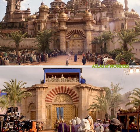 The design of fictional city of Aladdin, Agrabah, is heavily influencied by Arabia. Production designer Gemma Jackson (who also worked in Game of Thrones), recognized in this promotional video that she was inspired by a large variety of locations. The town features elements from Morocco's colorful streets, Istanbul's Ottoman architecture, India's Taj Majal and the magnificent palaces of Jaipur Aladdin Architecture, Aladdin Agrabah, Arabian Palace, Aladdin Film, Ancient Egyptian Architecture, Palace Architecture, Aladdin 2019, Fantasy Rooms, Ancient Greek Architecture