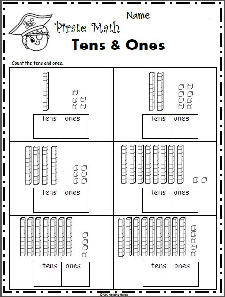 How Many Tens and Ones? – Free Pirate Math 1st Grade Math Worksheet. Use the pictures to write the 10s and 1s in each square.   The pirate theme makes this a great activity for ‘Pirate Day’, October, and Halloween.  Enjoy! This math activity is common core aligned for 1st grade. Precision Teaching, Pirate Maths, Block Numbers, First Grade Math Worksheets, Math Sheets, 1st Grade Math Worksheets, Pirate Halloween, Tens And Ones, Free Math Worksheets