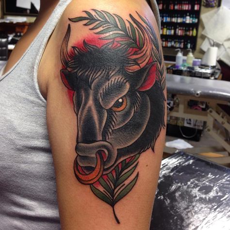 Fun bull from today. Her first tattoo. Thanks heaps!! @skinkstattoosnz Old School Bull Tattoo, Bull Tattoo Design For Men, Traditional Bull Tattoo, Nick Tattoos, Tattoo Taurus, Lisa Tattoo, Taurus Bull Tattoos, Tattoo Sonne, Taurus Constellation Tattoo