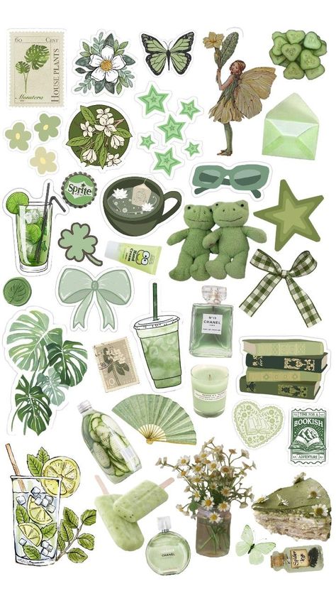 Green Scrapbook, Y2k Stickers, Flower App, Sticker Design Inspiration, Travel Collage, Scrapbook Printing, Art Journal Cover, Diy Journal Books, Green Sticker