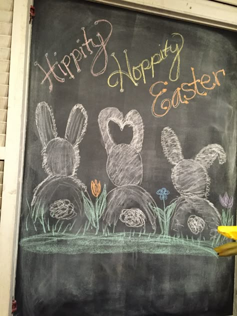 Easter Window Chalk Art, Spring Blackboard Ideas, Easter Chalkboard Ideas Easy, Easy Easter Chalkboard Art, Chalk Bunny Drawing, Bunny Chalkboard Art, Easter Chalkboard Ideas, Easter Bunny Chalkboard Art, Easter Chalkboard Art