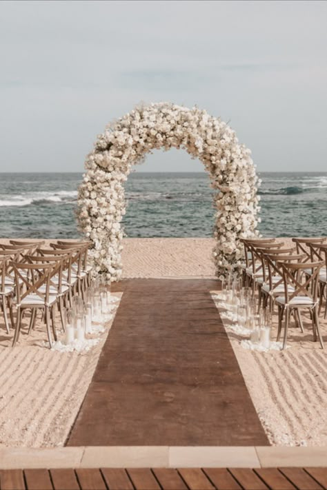 Beach Wedding Arrangements, Beach Wedding Small Ceremony, Wedding Beach Arch, Elegant Beach Wedding Ideas, 30a Beach Wedding, Wedding Beach Decorations, Coastal Wedding Arch, Micro Wedding Beach, Beige Beach Wedding