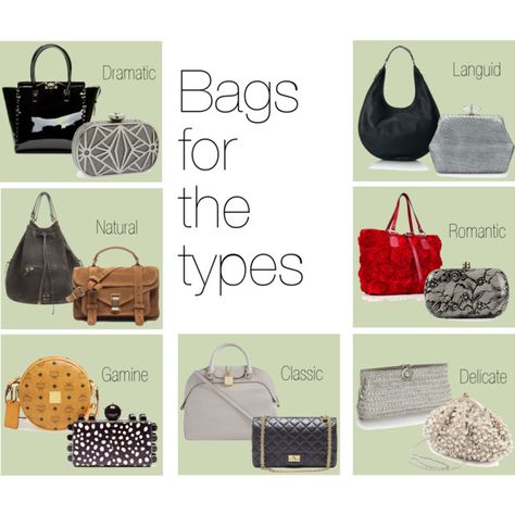 "Bags for the types" by skugge on Polyvore Soft Classic Kibbe, Gamine Outfits, Classic Kibbe, David Kibbe, Kibbe Romantic, Flamboyant Gamine, Style Analysis, Classic Purse, Gamine Style