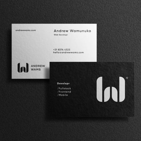 Onoriode Aluya designed these business cards for Andrew Wams, a personal brand for a freelance developer who specializes in full stack and frontend development for web and mobile apps. White Business Card Design, Service Business Card, Business Card Ideas, Business Card Gallery, Unique Business Cards Design, Construction Business Cards, Buisness Cards, Professional Business Card Design, Business Card Design Inspiration