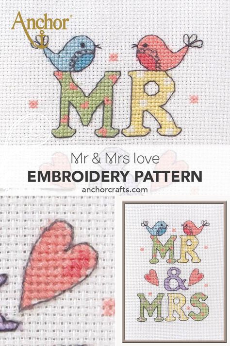 FREE pattern! The perfect Mr & Mrs cross stitch decoration for your home! Or an amazing gift for newlyweds! #Anchorcrafts #Anchorthreads  #Anchorembroidery #AnchorStrandedCotton #AnchorMouline #Anchormuline #Anchorsticktwist #ricamo #bordados #love Wedding Cross Stitch Patterns Free Charts, Wedding Cross Stitch Patterns Free, Stitch Decoration, Anchor Crafts, Wedding Cross Stitch Patterns, Gift For Newlyweds, Wedding Cross Stitch, Anchor Embroidery, Wedding Cross