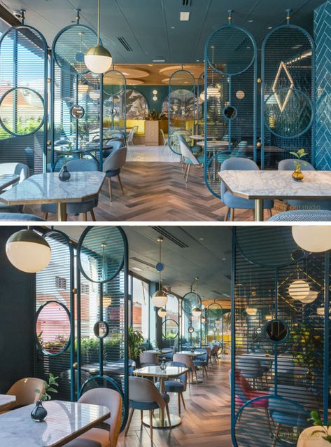 When Nayra Iglesias of In Out Studio, was asked to design the Kai La Caleta restaurant in Tenerife, she chose to use a couple of different room dividers to create separation within the restaurant. Restaurant Walls Ideas, Restaurant Cafe Design, Resturant Design, Modern Restaurant Design, Restaurant Seating, Divider Design, Bar Interior Design, Modern Restaurant, Horizontal Lines