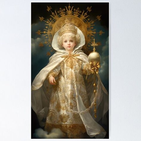 Baby Jesus Wall Art for Sale | Redbubble Prague Poster, Infant Of Prague, Jesus Wall Art, Catholic Crafts, Child Jesus, Jesus Images, Catholic Art, Baby Jesus, Mother Mary