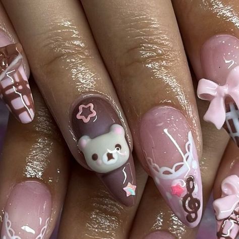 @pixinailz on Instagram: "korilakkuma bday nails 🎀🍫🎼  inspo unknown" Kawaii Nails Square, Dessert Nail Art, Pink Sanrio Nails, Sanrio Nail Ideas, Kawaii Fall Nails, Korilakkuma Nails, Cute Sanrio Nails, Neopolitan Nails, Gloomy Bear Nails