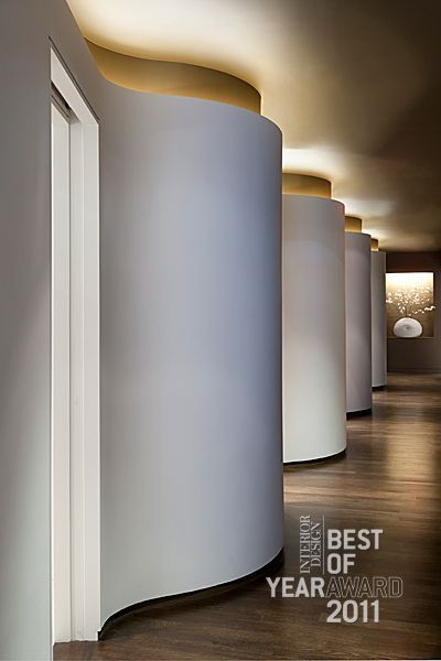 white curved wall, cove light, contemporary design. I foresee only one 'bulge' before straightening out into useable, hang-able wall space in our case.: Sleep Pods, Wavy Wall, Lift Lobby, Architecture Renovation, Hotel Corridor, Corridor Design, Curved Walls, Contemporary Garden, Contemporary Farmhouse