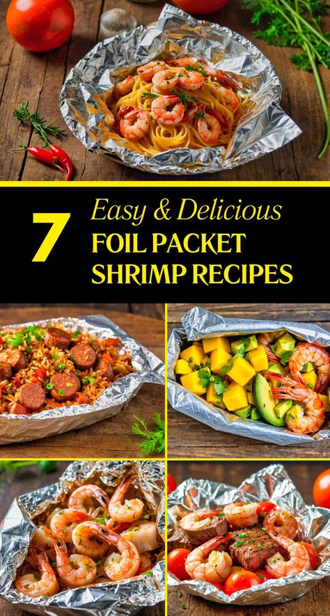 7 Campfire Foil Packet Shrimp Recipes Shrimp Foil Packets Oven, Foil Packet Shrimp, Shrimp Packets, Foil Packet Recipes, Shrimp And Sausage Jambalaya, Recipes For The Grill, Shrimp In The Oven, Chicken Foil Packets, Sausage Jambalaya