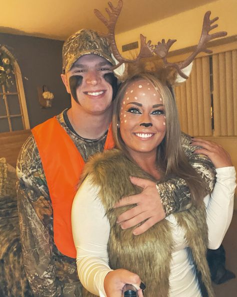 Dog Deer Costume, Doe And Buck Halloween Costume, Deer And Headlights Costume, Deer And Deer Hunter Costume, Deer For Halloween, Deer And Hunter Costume Couple, Hunter And Doe Couple Costume, Women’s Deer Costume, Womens Deer Costume Diy