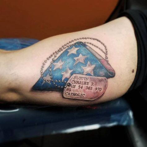 Image may contain: one or more people and closeup Folded Flag Tattoo, Veterans Memorial Tattoos, Veteran Tattoo Grandpa, Veteran Memorial Tattoo, Veterans Tattoos, Veteran Tattoo Ideas, Memorial Tattoo Grandpa, Veteran Tattoo, Dog Tags Tattoo