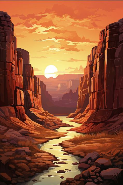 A serene sunset over a canyon with a river flowing through rocky landscape, creating a captivating and tranquil scene. Perfect for nature lovers and those seeking rustic wall decor. Explore the beauty of this landscape with a stunning canvas print. Southwest Art Paintings, Western Gunslinger Art, Batman Art Drawing, Cactus Paintings, Rocky Landscape, Nature Canvas Art, River Flowing, Serene Nature, Scene Drawing