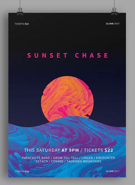 Sunset Poster Design, Sunset Party Invitation, Summer Flyer Design, Sunset Colour Palette, Dj Press Kit, Sunset Graphic Design, Sunrise Music, Prom Posters, Painting Website