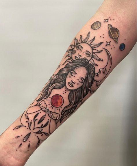 Unique Sleeve Tattoos For Women, Unique Sleeve Tattoos, Celestial Tattoo Sleeve, Tattoo Idea For Women, Celestial Woman, Sun And Moon Tattoos, Tattoos Dotwork, Best Cover Up Tattoos, Mother Nature Tattoos