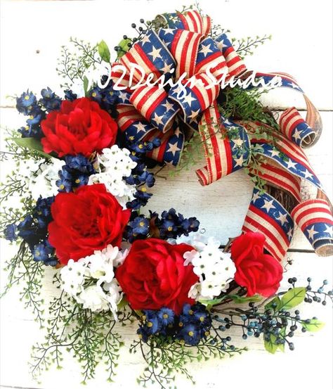 Patriotic Door Decor, Patriotic Front Door, Memorial Wreath, Red White Blue Wreath, Red White And Blue Wreath, Military Wreath, Rustic Front Door, Memorial Day Wreaths, Patriotic Bows