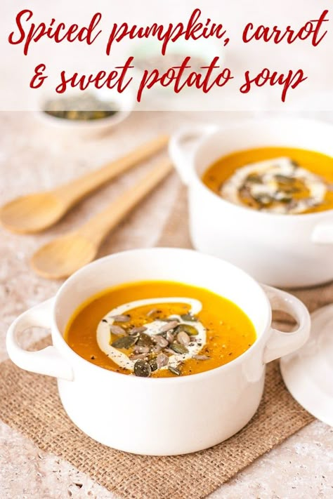 Carrot Sweet Potato Soup, Carrot And Sweet Potato Soup, Carrot And Sweet Potato, Pumpkin Sweet Potato, Spiced Pumpkin Soup, Sweet Potato Carrot, Vegan Pumpkin Recipes, Winter Soup Recipe, Spiced Carrots