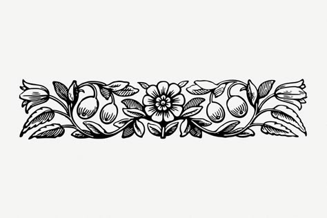 Floral border drawing, divider vintage illustration psd. Free public domain CC0 image. | free image by rawpixel.com Floral Line Design, Horizontal Cover Up Tattoo, Lino Print Tattoo, Floral Border Drawing, Flowers Illustration Black And White, Horizontal Tattoo, Tattoo Border, Border Drawing, Tattoo Prints