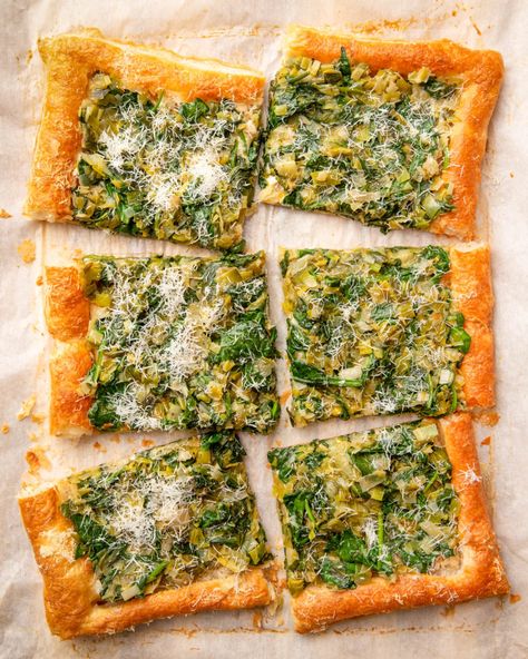 Caramelized Leek, Spinach, and Goat Cheese Tart Recipe | Kitchn Spinach And Goat Cheese, Veggie Tart, Spinach Puff Pastry, Goat Cheese Tart, Cheese Puff Pastry, Cauliflower Dishes, Cheese Tart, Cheese Tarts, Easy Veggie