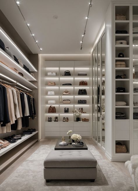 Step into a world of luxury with this modern walk-in closet designed for the stylish woman! Featuring sleek cabinetry, soft LED lighting, and plush carpeting, this space transforms organization into an art form. Ample shelving beautifully displays designer handbags and chic shoes, while a dedicated vanity area invites you to indulge in your daily beauty routine. #WalkInCloset #LuxuryLiving #FashionistaHaven Walk In Closet And Vanity, Master Closet Bench, Modern Walking Closet, Elegant Walk In Closet, Luxury Closet Women, Luxury Walk In Closet Women, Seattle Mansion, Walk In Closet Aesthetic, Her Walk In Closet