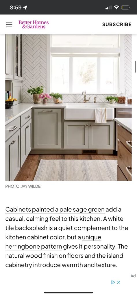 Sage Green Backsplash Kitchen, Sage Green Backsplash, Green Backsplash Kitchen, Pale Sage Green, Green Backsplash, White Tile Backsplash, Backsplash Kitchen, Kitchen Cabinet Colors, Natural Wood Finish