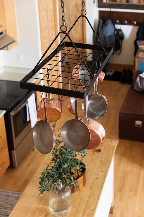 Use copper cookware to bring some retro-vintage spirit of the French countryside, where the flavor of freshly baked croissants and pastries is in the air.#coppercookware #kitcheninspiration #vintagestyle #kitchen Rustic Kitchen Cabinets, Pot Rack Hanging, Kitchen Organization Diy, New Kitchen Cabinets, Kitchen Pot, Diy Kitchen Cabinets, Pot Rack, Kitchen Space, Pots And Pans