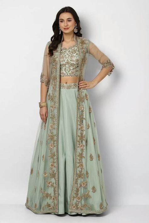 Long Top For Lehenga, Lengha Choli With Shrug, Pink And Green Indian Outfit, Latest Deginer Dress, Lehenga With Shrug For Wedding, Light Green Colour Combinations Dress, New Trend Lehenga Designs, Shrug Outfits, Indian Outfits Modern