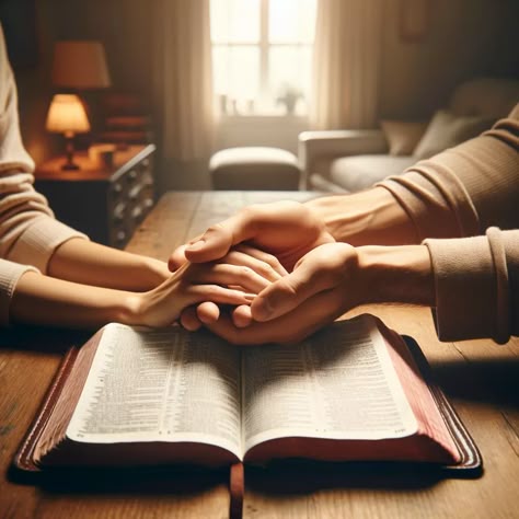 A warm, intimate scene of two hands, one male and one female, gently holding each other over an open Bible. The background suggests a peaceful home environment. The scene represents trust, transparency, and the importance of promises in a marital relationship, with a subtle nod to spiritual guidance. The Bible is open on a wooden table, and the room is softly lit, creating a serene and respectful atmosphere. Relationship Spiritual, Hand In Hand Couple, Trust Images, Pray Together Couple, Jesus Holding Hands, Spiritual Couple, Hands Holding, Couple Praying Together, Couples Praying Together Pictures