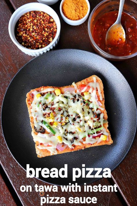 pizza bread recipe | bread pizza recipe with instant pizza sauce Bread Pizza Recipe, Sandwich Recipes Indian, Lunch School, Pizza Bread Recipe, Recipe Bread, Spicy Snacks Recipes, Breakfast Recipes Indian, Bread Pizza, Chaat Recipe