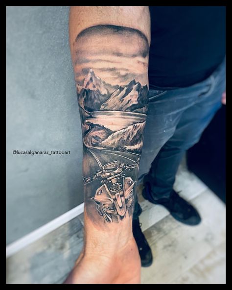 #tattooideas #motorcycle Half Sleeve Tattoos For Men, Sleeve Tattoos For Men, Motorcycle Tattoo, Half Sleeve Tattoos, Motorcycle Tattoos, Landscape Tattoo, Half Sleeve Tattoos For Guys, Sleeve Ideas, Sleeves Ideas