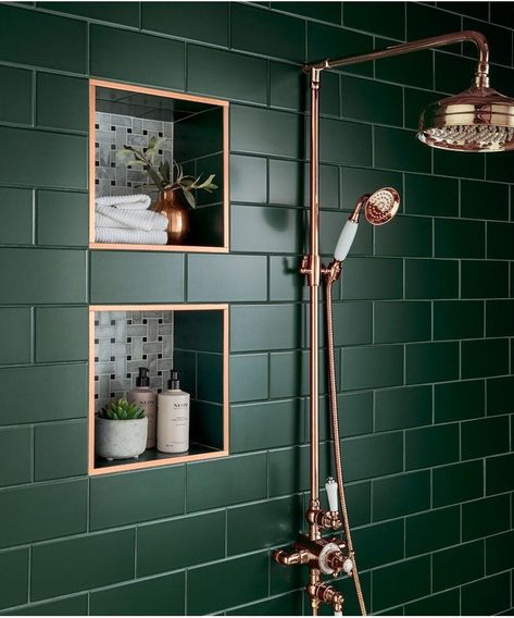 Small Wet Room, Dark Green Tile, Dark Green Bathrooms, Tattoo Modern, Green Tile Bathroom, Topps Tiles, Tile Trim, Bathroom Inspiration Decor, Green Tile