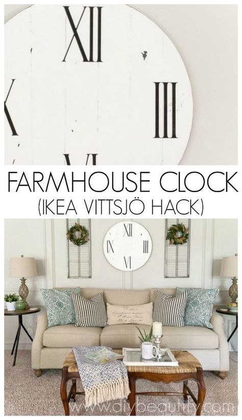 Follow this tutorial to make a farmhouse clock using a piece from IKEA VITTSJÖ Vittsjo Hack, Modern French Farmhouse Decor, Thrifty Style, Ikea Farmhouse, Graphic Fairy, Farmhouse Clock, French Country Farmhouse Decor, Farmhouse Clocks, Hacks Ikea