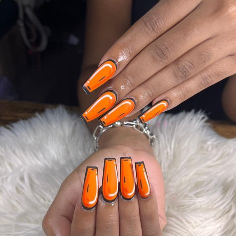 Neon Cartoon Nails, Orange Cartoon Nails, Black And Orange Aura Nails, Neon Orange Acrylic Nails Designs, Orange Nails Summer Neon, Comic Book Nails Designs, Comic Nails Designs, Neon Orange Acrylic Nails, Orange Trendy Nails