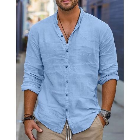 Super recommend all Mens Vacation Outfits, Khakis Outfit, Band Collar Shirt, Mens Smart Casual Outfits, Banded Collar Shirts, Guayabera Shirt, Denim Shirt Men, Smart Casual Outfit, Band Collar