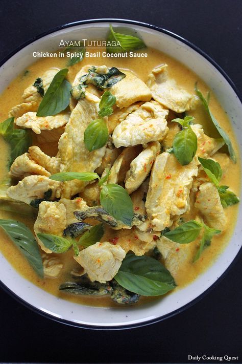 Ayam Tuturaga - Chicken in Spicy Basil Coconut Sauce Recipe | Daily Cooking Quest Manado Food, Pandan Leaves, Indonesian Recipes, Lime Leaves, Chicken Menu, Kaffir Lime Leaves, Chicken Base, Coconut Sauce, Thai Coconut