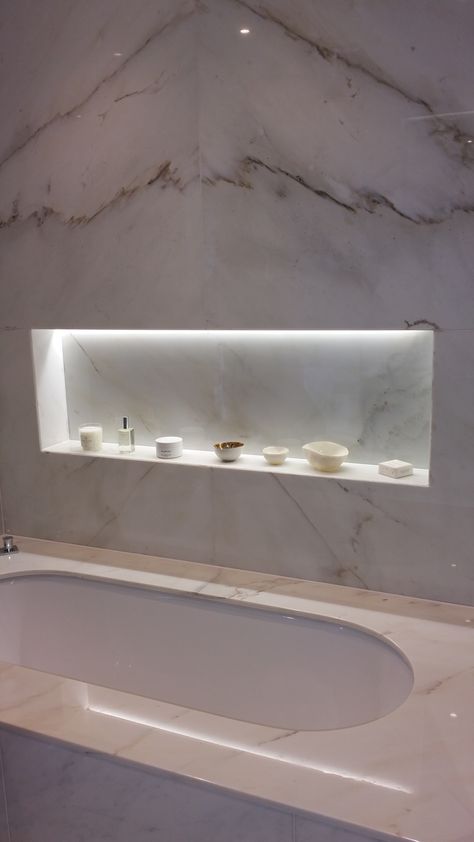 Illuminated bathroom niche Niche Bathroom Wall, Light Up Shower Niche, Niche In Bathroom Wall, Big Shower Niche Ideas, Led Shower Niche, Lighted Niche Bathroom, Shower Niche With Lights, Marble Bathroom Niche, Niche Decor Bathroom