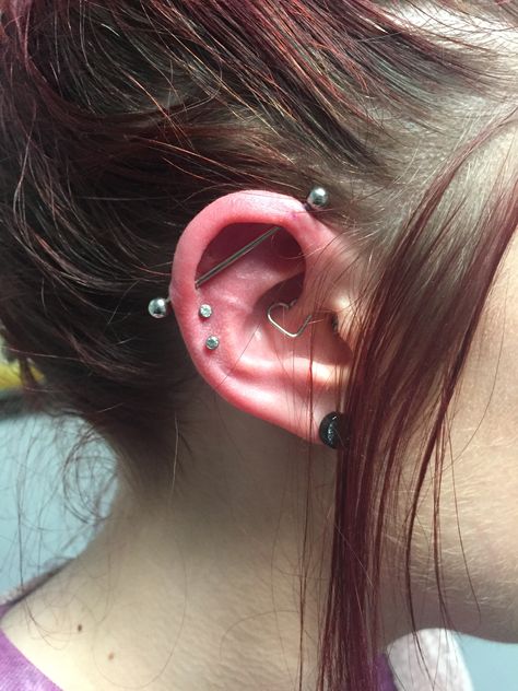 Industrial and helix piercings By Lisa  Artistic Dermagraphics Industrial With Helix Piercing, Industrial And Helix Piercing, Felix Helix Piercing, Punk Style Metal Cartilage Earrings, Grunge Helix Piercing, Forward Helix And Industrial Piercing, Earrings Aesthetic, Pierced Jewelry, Helix Piercing