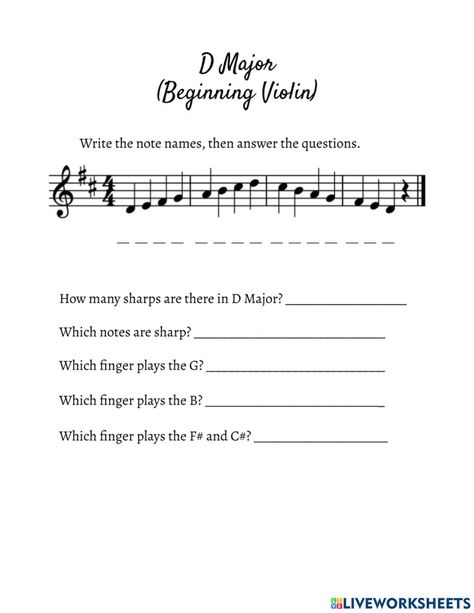 D Major online worksheet for Beginning. You can do the exercises online or download the worksheet as pdf. Violin Sheets For Beginners, Parts Of The Violin Worksheet, Violin Worksheets, Violin Major Scales, Music Theory Violin, Violin Practice Chart, Violin Teaching, The Worksheet, Finger Plays