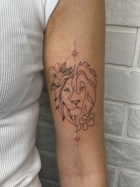 Lion Tattoo Feminine, Women’s Lion Tattoo, Tattoos Of Lions, Lion Tattoo For Women Leg, Lion Leo Tattoo For Women, Lion Tattoo Linework, Tattoo Ideas Female Leo, Female Lion Tattoo Design, Lion Leo Tattoo