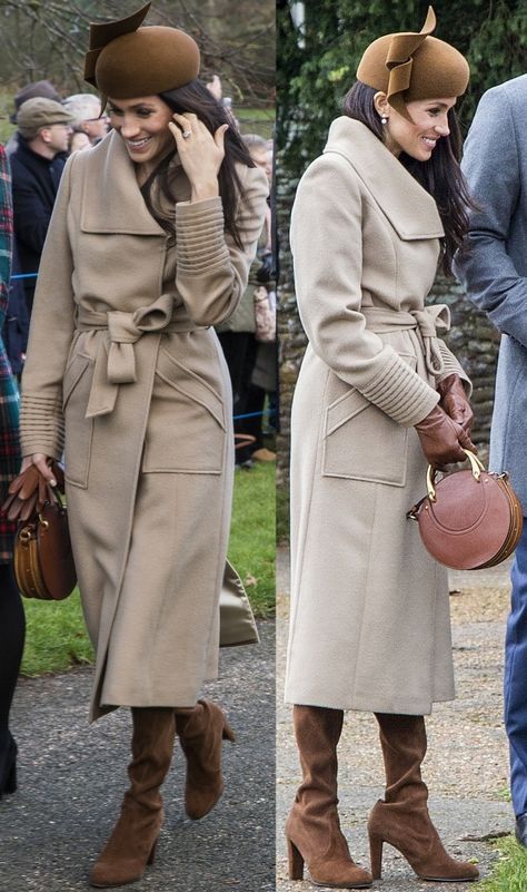 Meghan Markle wearing a Sentaler coat, a Club Monaco dress, a Philip Treacy hat, and Stuart Weitzman "Hiline" boots for the Christmas Day church service at Sandringham Meghan Markle Red Lipstick, Meghan Markle Midi Dress, Meghan Markle Hat, Meghan Markle Christmas, Sentaler Coat, Meghan Markle Coat, Outfits Europa, Meghan Style, Estilo Meghan Markle