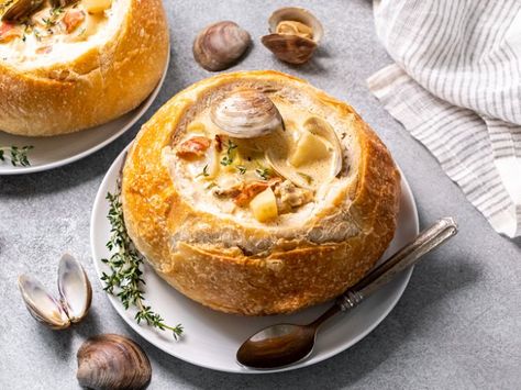 Clam Chowder Bread Bowls Clam Chowder Bread Bowl Recipe, Ivars Clam Chowder Recipe, Clam Chowder Bread Bowl, Sourdough Bread Bowls, Clam Chowder Recipe, Bread Bowl Recipe, Favorite Pasta Recipes, Chowder Recipe, Bread Bowl