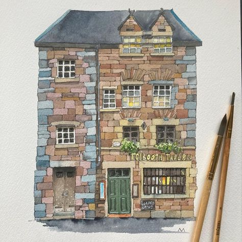 Urban Anna, Watercolor House Painting, Scotland Edinburgh, Urban Sketches, Travel Art Journal, Building Painting, Sketchbook Illustration, Custom House Portrait, Architecture Sketchbook