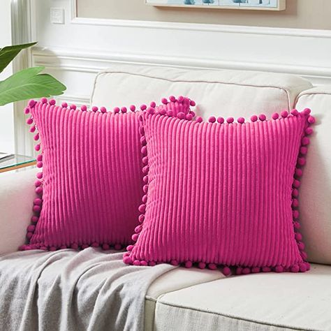 Hot Pink Throw Pillows, Pom Pom Pillows, Pink Throws, Pink Throw Pillows, Christmas Cushions, Sofa Throw Pillows, Throw Pillows Bed, Dorm Bedding, Decorative Throw Pillow Covers