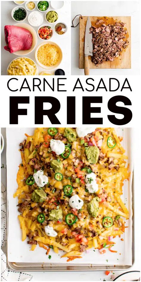 Carne Asada Fries are made with crispy baked french fries smothered with tender grilled carne asada and delicious toppings like pico de gallo, melted cheese, sour cream, and guacamole. Easily made at home, they're a great way to use leftover grilled steak and make the perfect meal or appetizer for game days and parties. Crispy Baked French Fries, Carne Asada Fries Recipe, Grilled Carne Asada, Nacho Recipes, Baked French Fries, Carne Asada Fries, Carne Asada Recipes, Southwest Recipes, Meat Eater