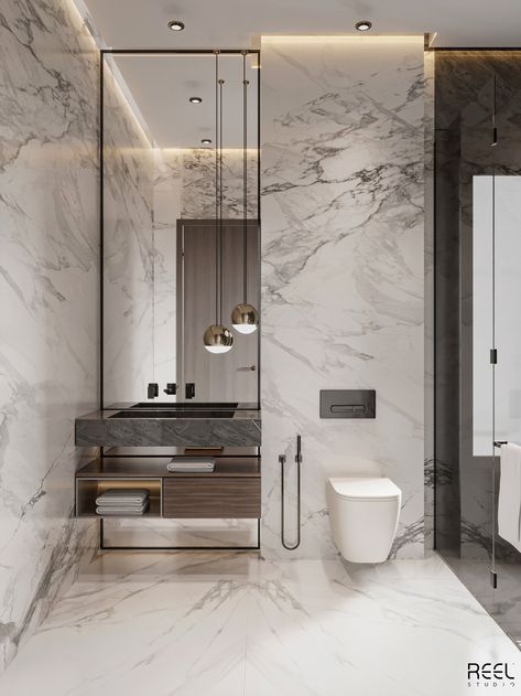 Interior Design Luxury Modern, Bathroom With Marble, Hotel Bathroom Design, Guest Bathroom Design, Bathroom Interior Design Modern, Modern Luxury Bathroom, Minimalist Bathroom Design, Sleek Bathroom, Bathroom Inspiration Modern