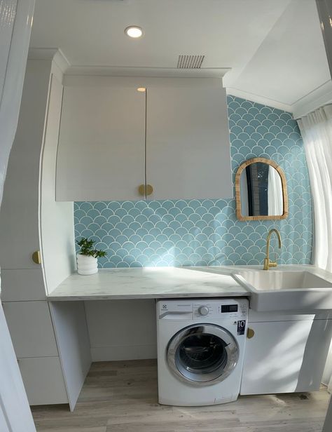 Laundry makeover with fish scale tiles | Bunnings Workshop community Bunnings Laundry, Fish Scale Tiles, Laundry Renovation, Farmers Sink, Laundry Makeover, Ceiling Vents, Curtain Installation, Fish Scale Tile, Tiling Tools