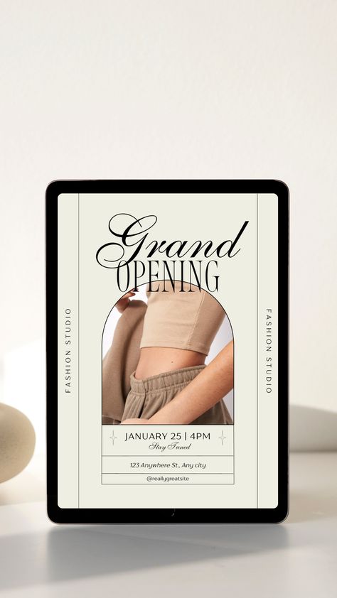 Celebrate the grand opening of your business in style with this elegant Aesthetic Grand Opening Flyer Template. This modern design features a decorative floral pattern and bold text, perfect for promoting your special event. Tags: #GrandOpening #Aesthetic #FlyerTemplate #ModernDesign #DecorativeFlowerPattern #BoldText #Celebrate #EventPromotion Aesthetic Promotion Poster, Opening Business Aesthetic, Grand Opening Aesthetic, Flyer Design Aesthetic, Grand Opening Poster Design Ideas, Salon Grand Opening Flyer, Grand Opening Instagram Post, Aesthetic Flyer Design, Grand Opening Design