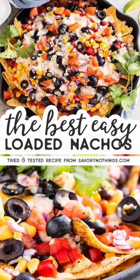 This loaded vegetarian nacho recipe has it all: The best Southwestern/Mexican flavors from black beans in chili sauce, cheese, olives, corn, tomatoes, sweet peppers and cilantro! They are quick and easy to make, baked in a skillet in the oven, full of healthy vegetables and great to feed a crowd at summer parties, on football sunday or for super bowl. Serve with a light dip and some fresh avocado! #appetizer #footballfood #fingerfood #nachos #texmex #vegetarian #nachorecipe Southwestern Vegetarian Recipes, Nachos Without Meat, Black Bean Nachos Recipe, Meatless Nachos Recipe Easy, Vegetarian Nachos Recipe Easy, Loaded Nachos Recipe Vegetarian, Vegetable Nachos Recipe, Nachos Recipe Vegetarian, Bean And Cheese Nachos